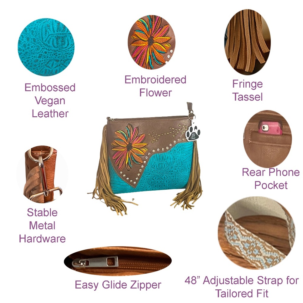 Western Fringe Crossbody Purse Flower Vegan Boho Bags Women Cowgirl Handbags - Picture 5 of 13